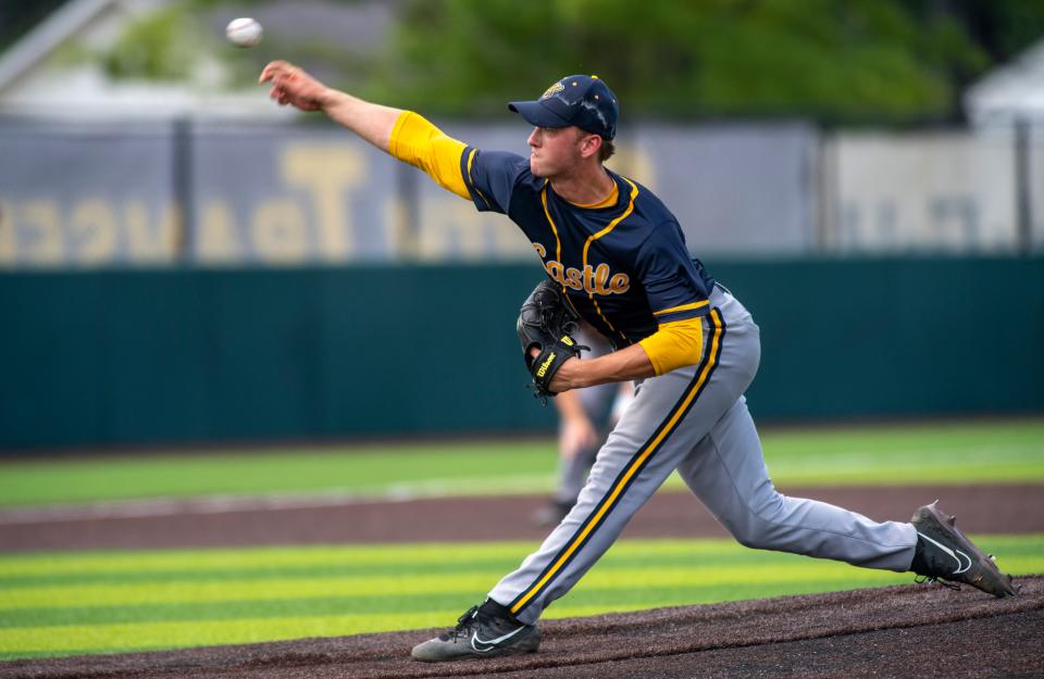 Castle’s Cameron Tilly (18) pitches as the Castle Knights play the Jeffersonville Red Devils in the 2023 IHSAA Class 4A Baseball Regional championship at Braun Stadium in Evansville, Ind., Saturday, June 3, 2023.