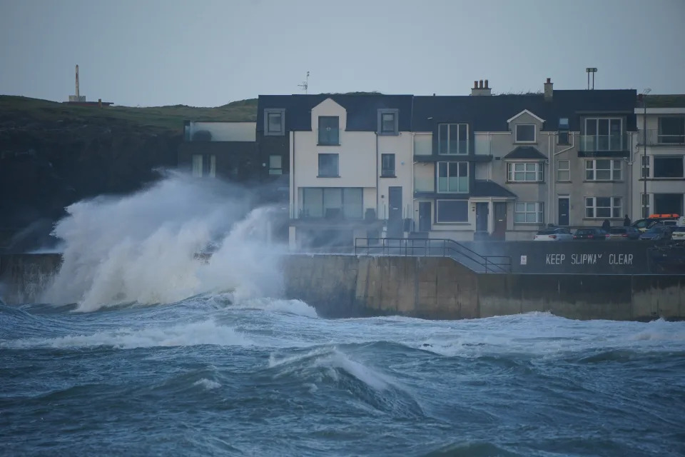 Waves hit the sea wall at Portstewart in County Londonderry, Northern Ireland as Storm Dudley heads to the north of England and southern Scotland from Wednesday night into Thursday morning, closely followed by Storm Eunice, which will bring strong winds and the possibility of snow on Friday. Picture date: Wednesday February 16, 2022.