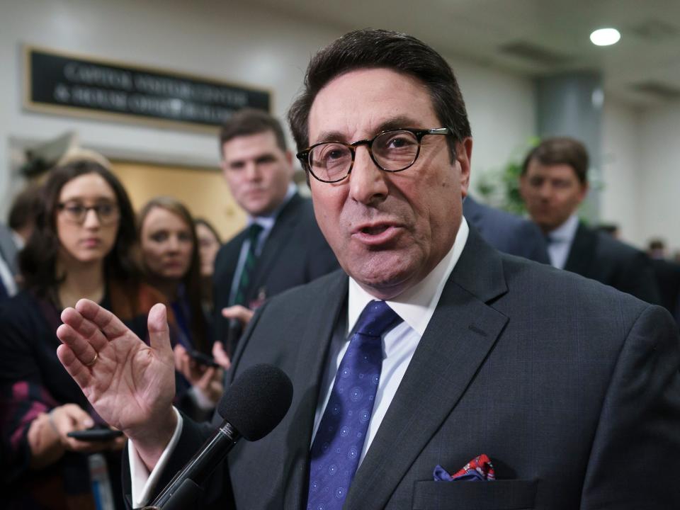 Speaking to reporters, Jay Sekulow, President Donald Trump's personal lawyer, attacks the Democrat's arguments in the impeachment trial of the president on charges of abuse of power and obstruction of Congress, in Washington, Friday, Jan. 24, 2020. (AP Photo/J. Scott Applewhite)