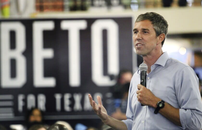 FILE - Beto O'Rourke, Democratic candidate for Texas governor, speaks during a town hall meeting at the McAllen Creative Incubator Tuesday, June 7, 2022, in McAllen,Texas. O'Rourke responded to a heckler Wednesday, Aug. 10, 2022, at a campaign stop in rural Mineral Wells, Texas, with an expletive after the gubernatorial candidate heard a cackled laugh while criticizing the ease in which the Uvalde elementary school gunman legally purchased an AR-15 style assault rifle. (Delcia Lopez/The Monitor via AP, File)