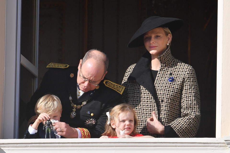 At one point, Prince Albert showed he’s just like any other father, by reaching down and wiping his son’s nose with a tissue. Photo: Getty Images