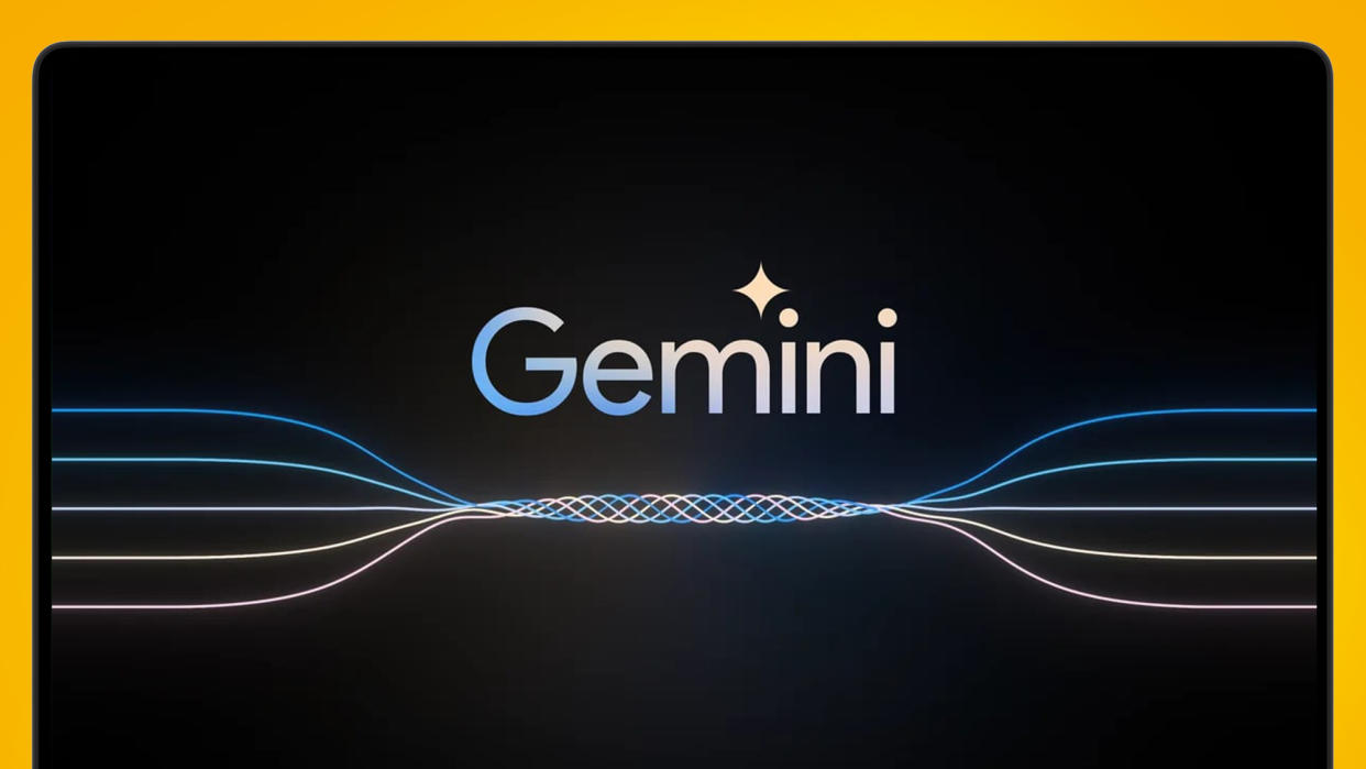  The Google Gemini logo on a laptop screen that's on an orange background. 