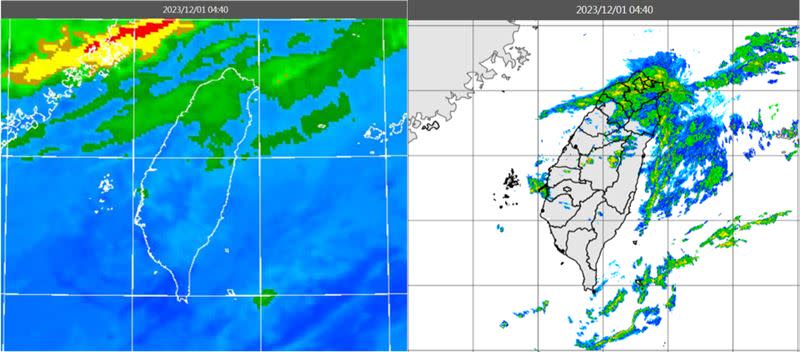 圖：1日4：40紅外線色調強化雲圖顯示，中部以北有較多雲層(左圖)。4：40雷達回波合成圖顯示，中部以北有降水回波、北台灣回波較強(右圖)。