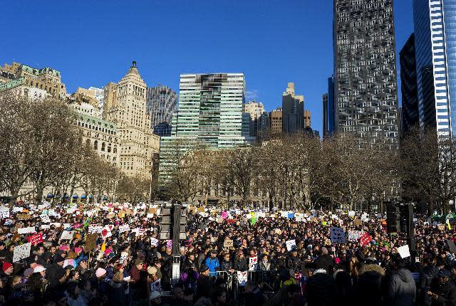 People gather for a rally in New York's Battery Park in New York, Sunday, Jan. 29, 2017, as they protest against President Donald Trump's executive order banning travel to the U.S. by citizens of several countries. (AP Photo/Craig Ruttle)