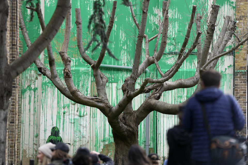 People look at a new Banksy painting on a wall in London, Monday, March 18, 2024. A new Banksy mural drew crowds to a London street on Monday, even before the elusive graffiti artist confirmed that the work was his. The artwork in the Finsbury Park neighborhood covers the wall of a four-story building and shows a small figure holding a pressure hose beside a real tree. Green paint has been sprayed across the wall, replicating the absent leaves of the tree, which has been severely cropped. Banksy claimed the work by posting before and after photos of the location on his official Instagram account.(AP Photo/Alastair Grant)