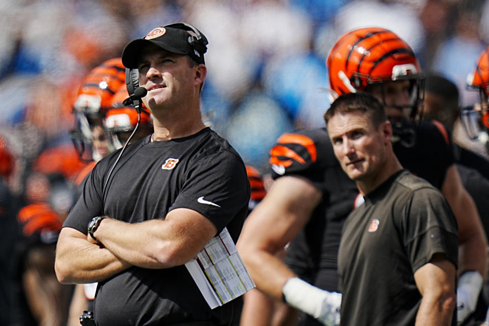 Cincinnati Bengals head coach Zac Taylor watches during the first half of an NFL football game against the Carolina Panthers, Sunday, Sept. 29, 2024, in Charlotte, N.C. (AP Photo/Rusty Jones)