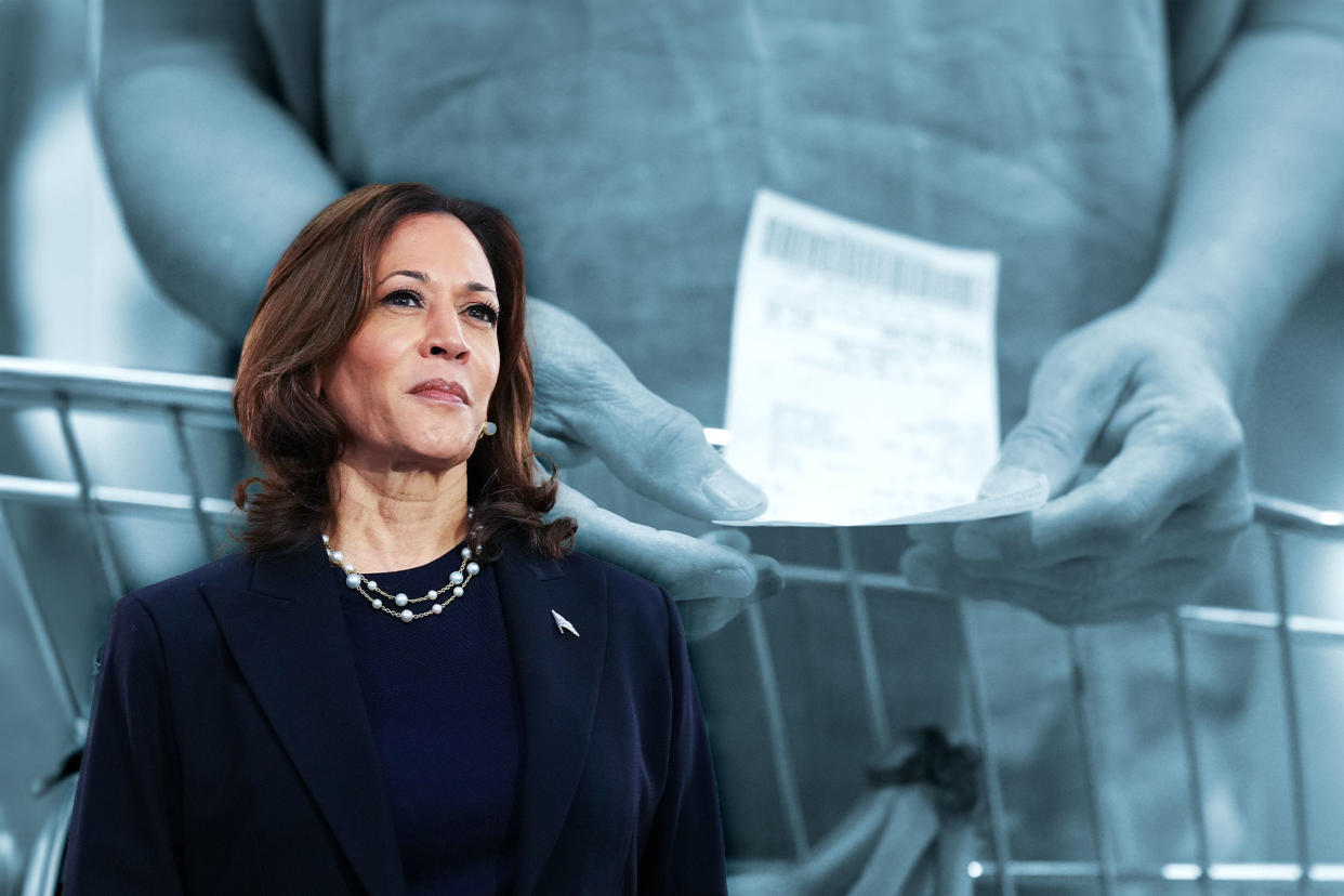 Kamala Harris; Close up hands of woman checking prices of groceries on her receipt Photo illustration by Salon/Getty Images