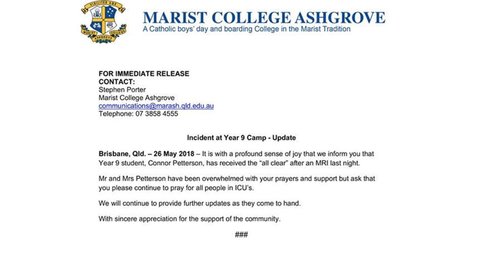 Marist College released the statement on their Facebook page on Saturday morning. Source: Facebook/Marist College Ashgrove