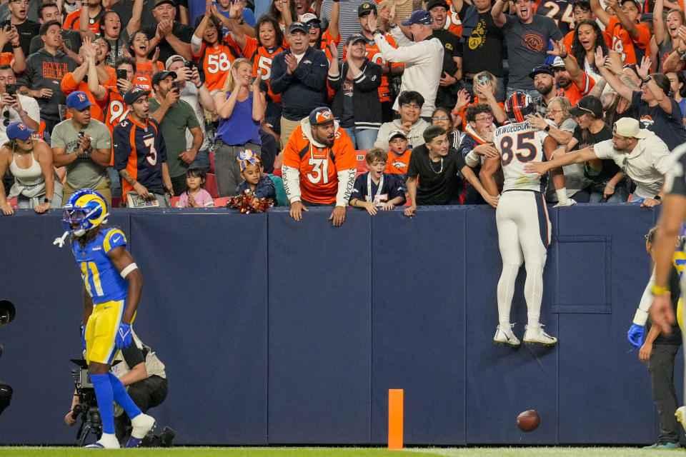 Denver Broncos tight end Albert Okwuegbunam celebrates after scoring against the Los Angeles Rams during the first half of an NFL preseason football game Saturday, Aug. 26, 2023, in Denver. (AP Photo/Jack Dempsey)