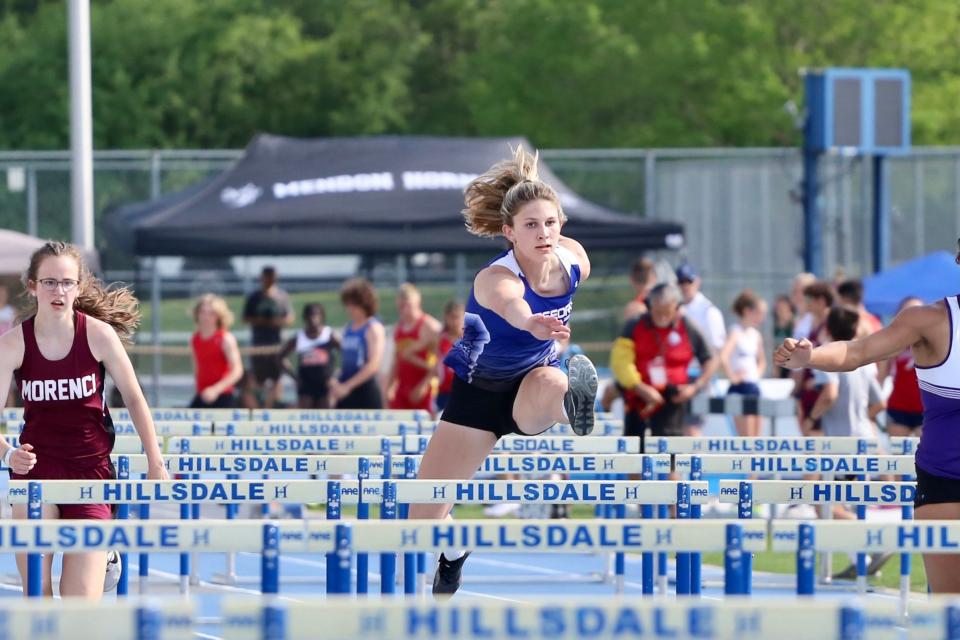 Pittsford Freshman Ava Mallar competes in the hurdles events, winning the 300-meter hurdles