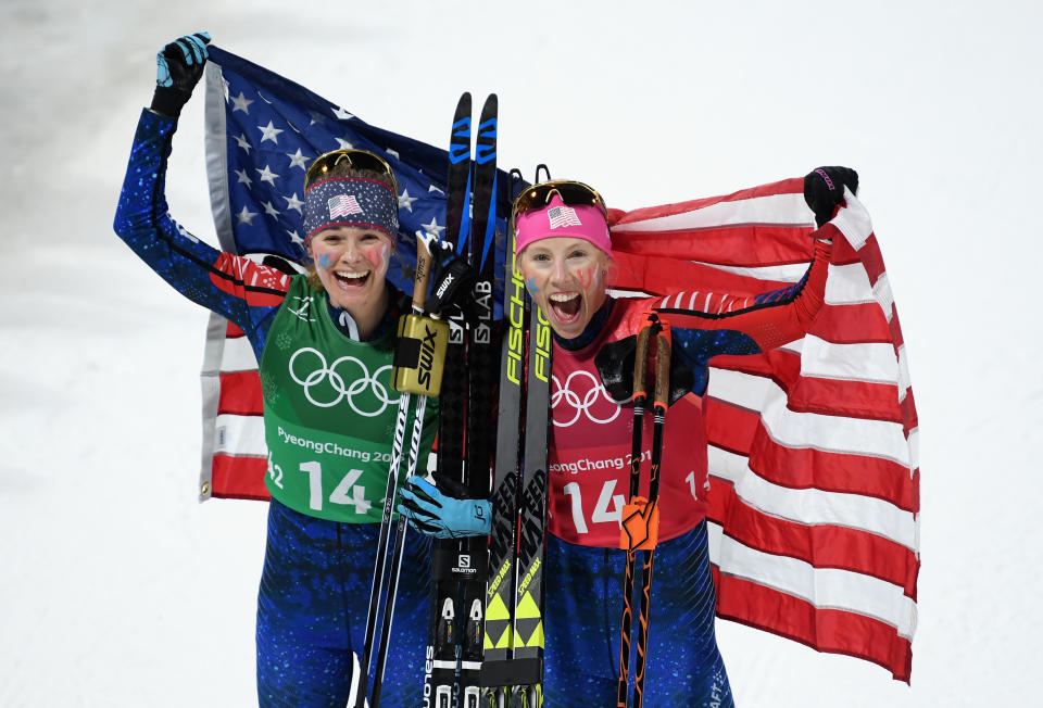 <p>Jessica Diggins of the United States (L) and Kikkan Randall of the United States celebrate as they win gold during the Cross Country Ladies’ Team Sprint Free Final on day 12 of the PyeongChang 2018 Winter Olympic Games at Alpensia Cross-Country Centre on February 21, 2018 in Pyeongchang-gun, South Korea. (Photo by Matthias Hangst/Getty Images) </p>