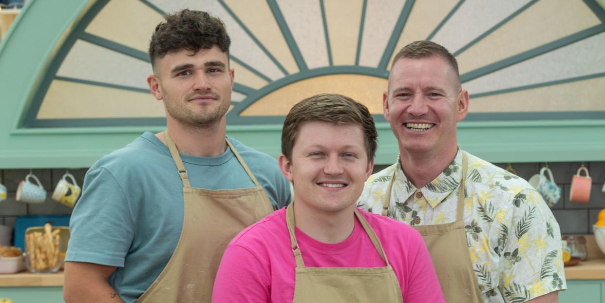 matty, josh and dan smile at the camera in great british bake off 2023 tent