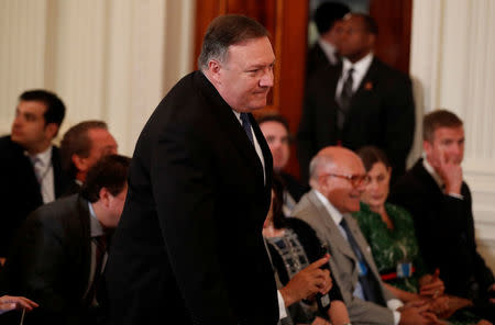 U.S. Secretary of State Mike Pompeo arrives for a joint news conference by President Donald Trump and Italy's Prime Minister Giuseppe Conte in the East Room of the White House in Washington, U.S., July 30, 2018. REUTERS/Carlos Barria