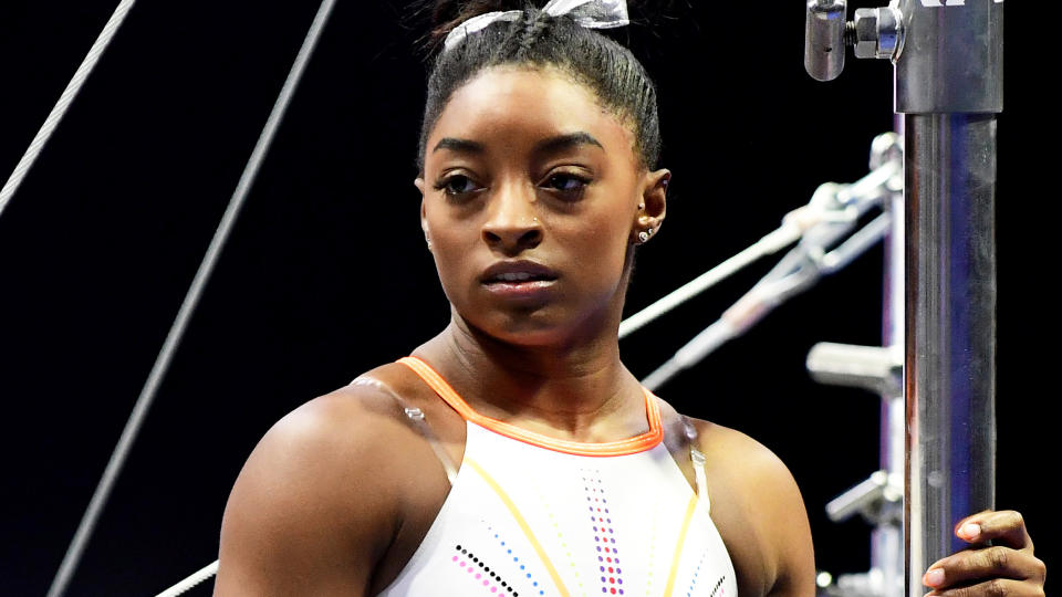 Simone Biles has offered her condolences to the families of three men who were allegedly killed by her estranged brother, Tevin Biles-Thomas.. (Photo by Emilee Chinn/Getty Images)