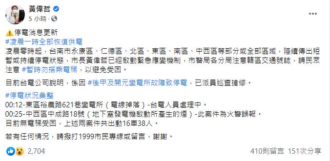 台南市長黃偉哲，呼籲民眾暫時勿搭乘電梯，以免受困。（圖／翻攝自黃偉哲臉書）