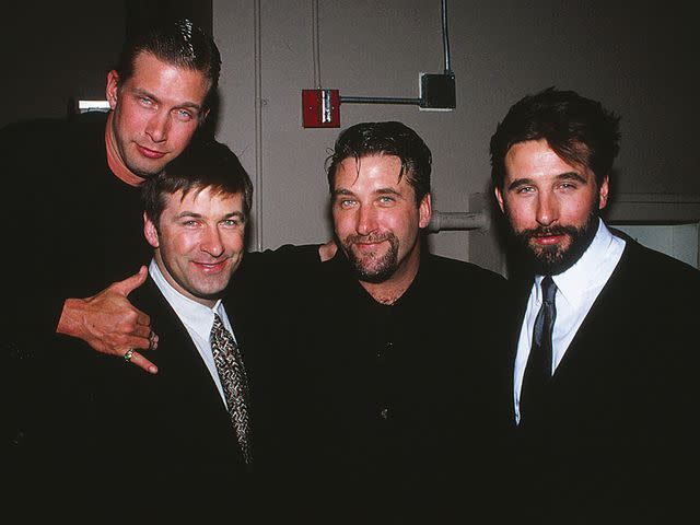 <p>Lindsay Brice/Getty</p> The four Baldwin Brothers backstage at the Century Plaza Hotel on Dec. 16, 1996
