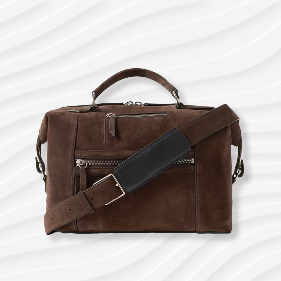 the metier vagabond suede messenger bag in chocolate brown