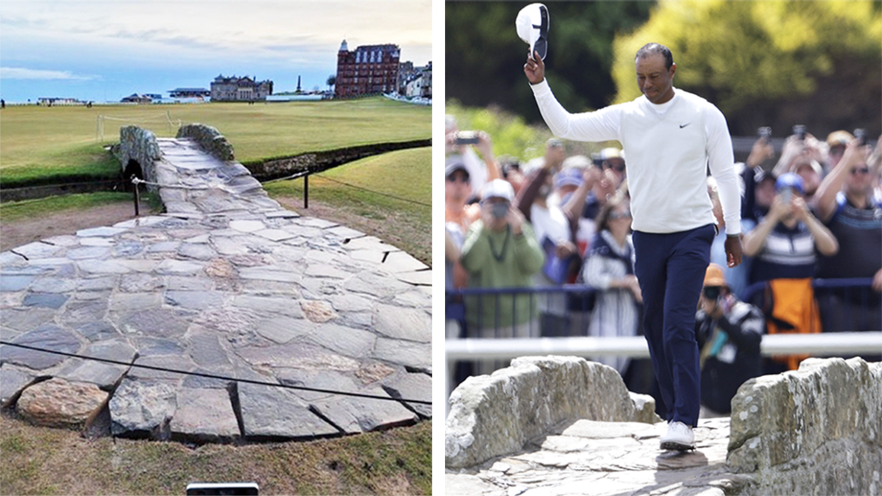 Swilcan Bridge (pictured left) being renovated and (pictured right) Tiger Woods walking across Swilcan Bridge.