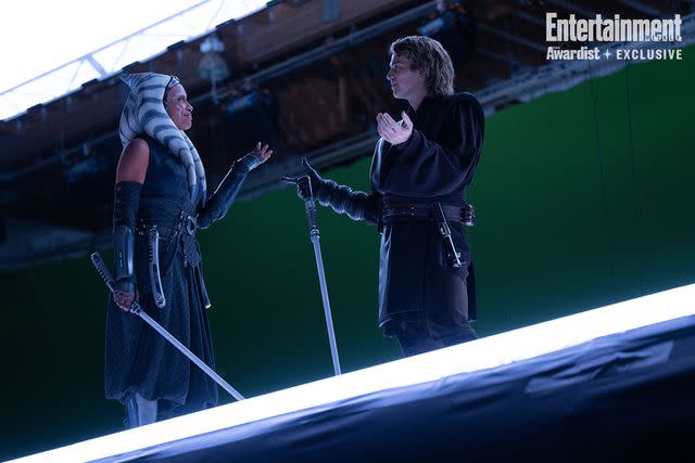 <p>Lucasfilm</p> Rosario Dawson and Hayden Christensen on the set of 'Ahsoka'