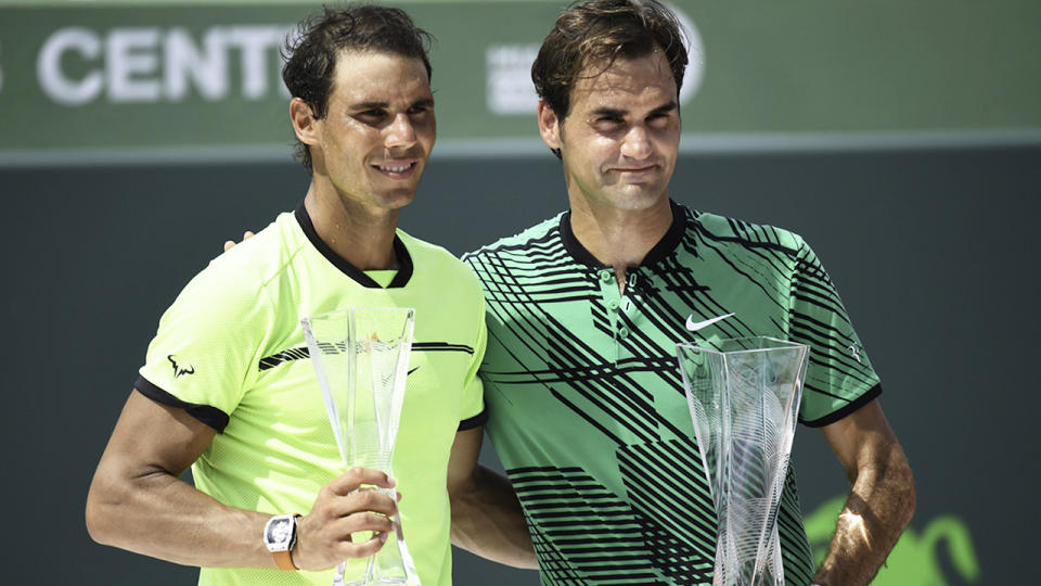 Rafael Nadal and Roger Federer, pictured here after the 2017 Miami Open final.