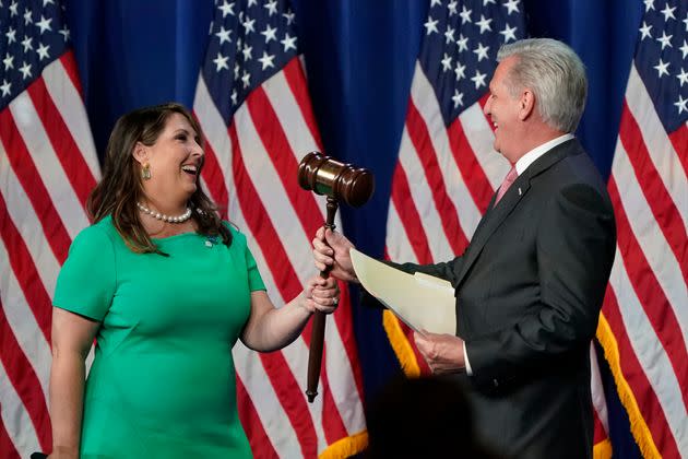 Republican National Committee Chairwoman, Ronna McDaniel, hands the gavel to House Minority Leader Kevin McCarthy (R-Calif.), who could become Speaker if Republicans win control of the House in the 2022 midterms. (Photo: Chris Carlson-Pool/Getty Images)