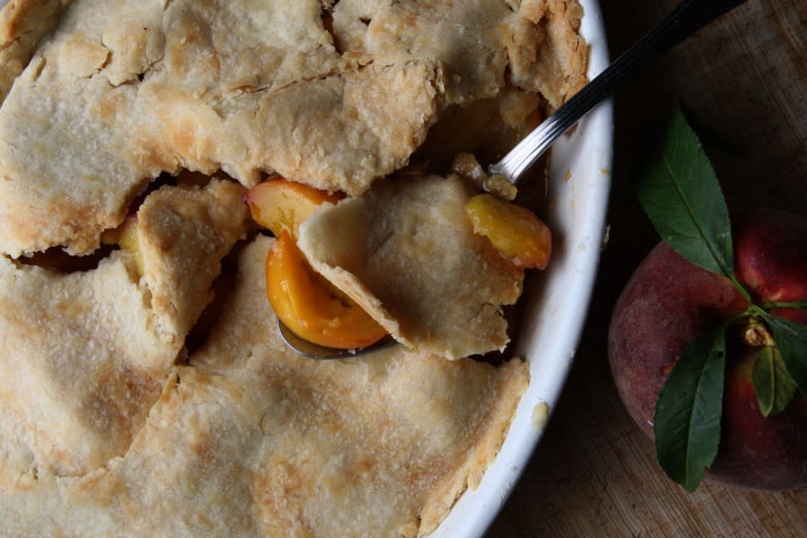 Peach Cobbler for the Seasonal Cook column in San Francisco, California. (Photo By Liz Hafalia/The San Francisco Chronicle via Getty Images)