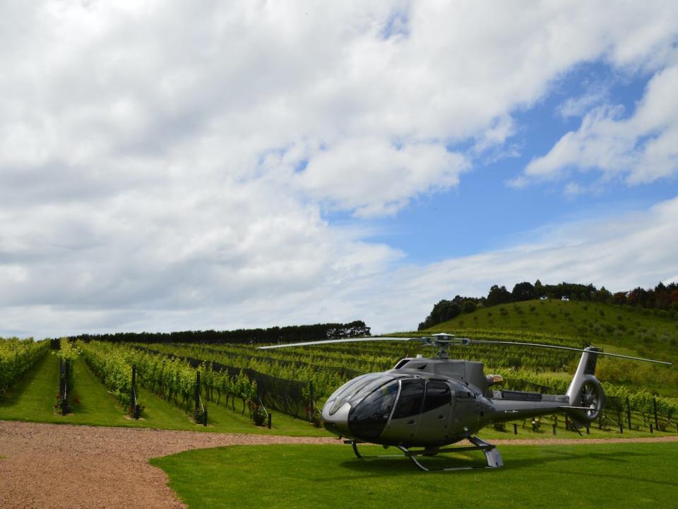 A helicopter at a vineyard on Waiheke Island.