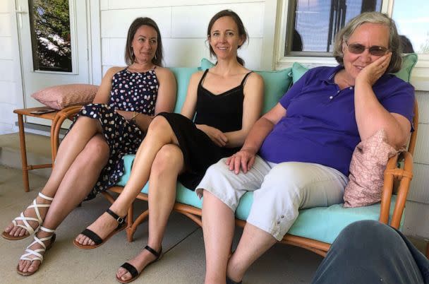 PHOTO: Karla Barnes (right) sits on her porch after a family dinner, with her daughter Becky Tilley (center) and daughter-in-law Adrienne Barnes (left). (Dan Gearino)