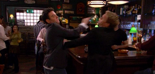 Ted and Barney start a slap fight at MacLaren's