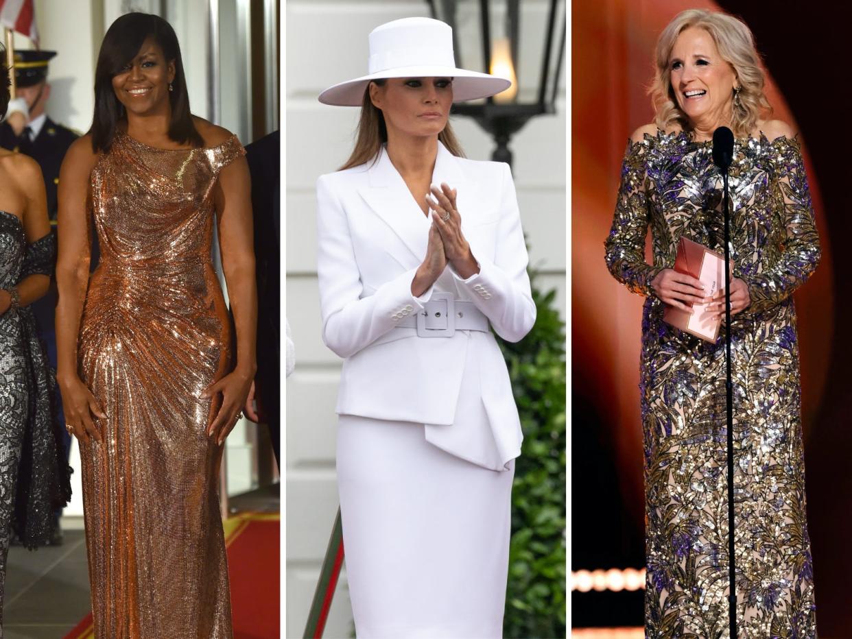 From left to right: First ladies Michelle Obama, Melania Trump, and Jill Biden in bold outfit choices.