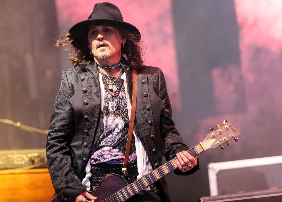 ISTANBUL, TURKIYE - JUNE 10: The Hollywood Vampires, consisting of American actor Johnny Depp, rock artists Alice Cooper (not seen) and Joe Perry (not seen) gives concert at the Life Park Istanbul on June 10, 2023 in Istanbul, Turkiye. (Photo by Erhan Sevenler/Anadolu Agency via Getty Images)