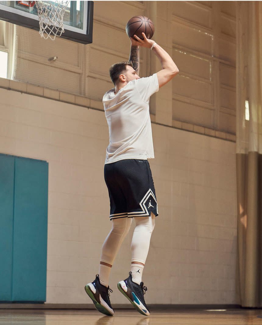 Luka Doncic shooting a jump shot in the Jordan Luka 1. - Credit: Courtesy of Nike