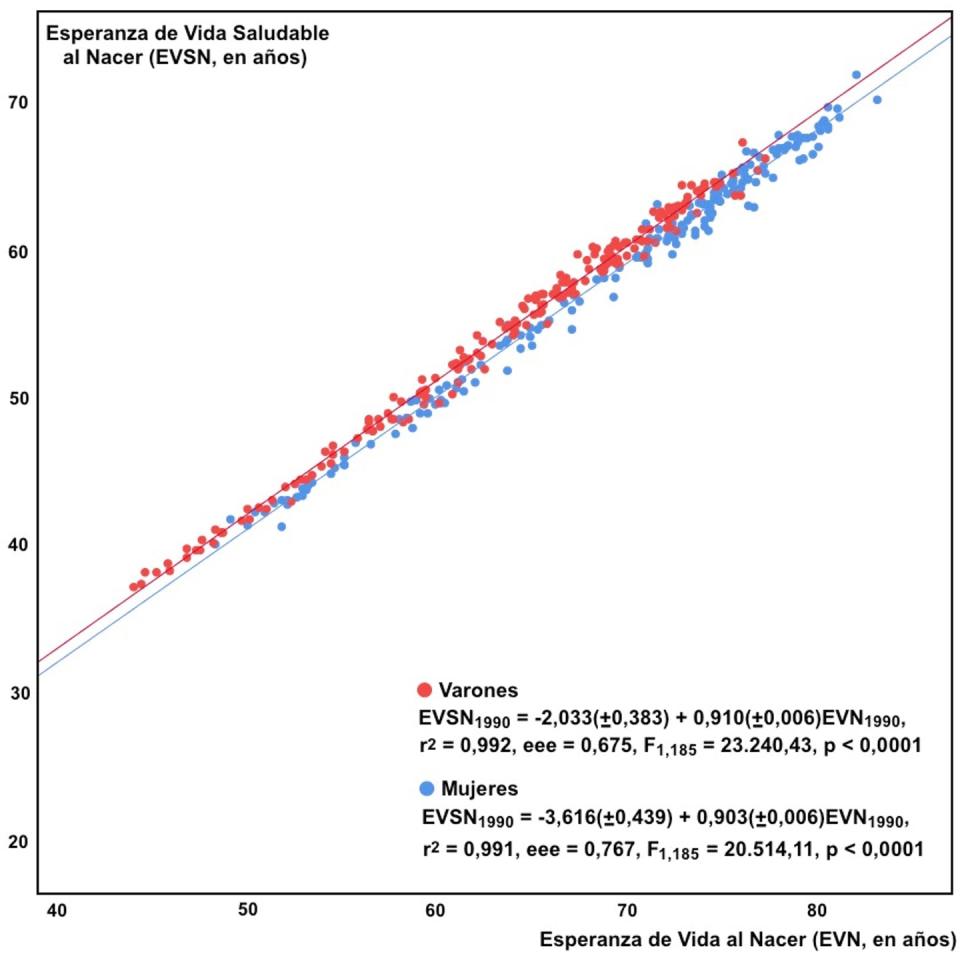 <span class="caption">Relación entre la Esperanza de Vida Saludable al Nacer (EVSN, eje Y) y la Esperanza de Vida al Nacer (EVN, eje X) conforme a los datos proporcionados en el estudio de Salomon y colaboradores para la década de 1990 en 187 países. De acuerdo con estos ajustes, aunque las mujeres presentan valores de EVS y EVSN superiores a los de los varones, para un mismo valor de EVS en ambos sexos nos encontramos un valor algo superior en el caso de los varones. Imagen elaborada por el autor.</span> <span class="attribution"><span class="license">Author provided</span></span>