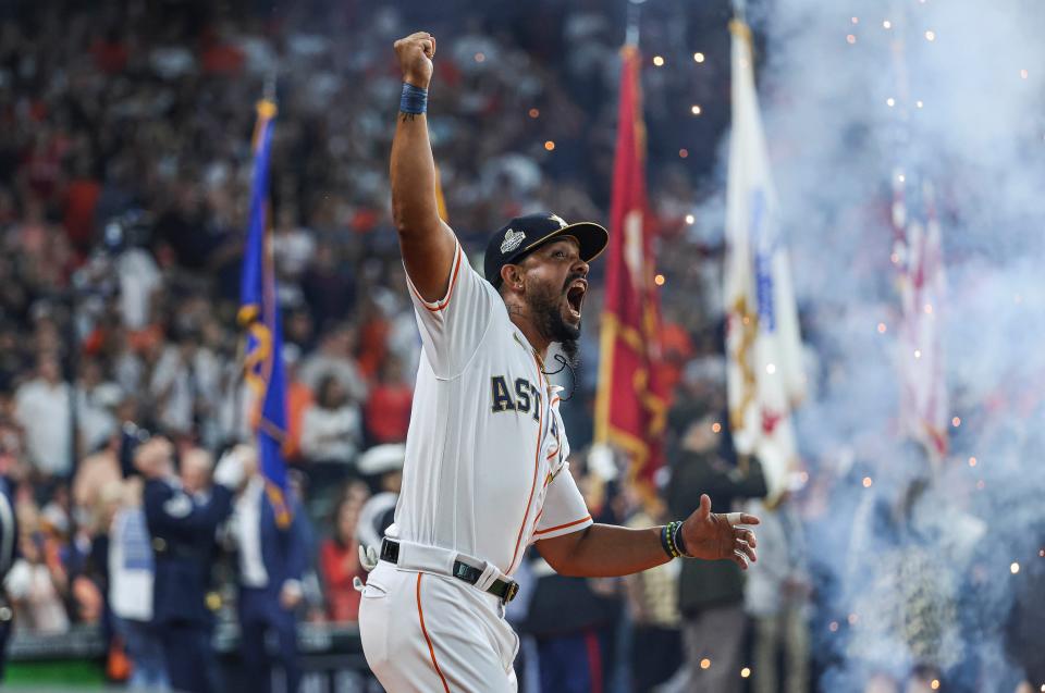 Astros'  Jose Abreu ignites the fans before the game against the White Sox.