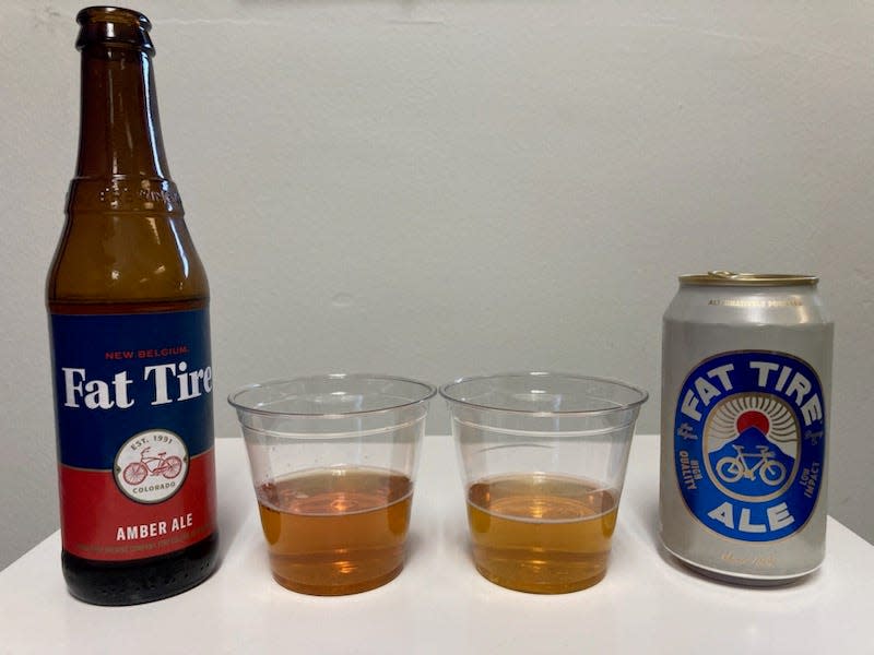 A comparison of New Belgium Brewing Co.'s  original (left) and new (right) Fat Tire beer. The new recipe is designed to be a lighter, easy drinking ale compared to the original amber ale.