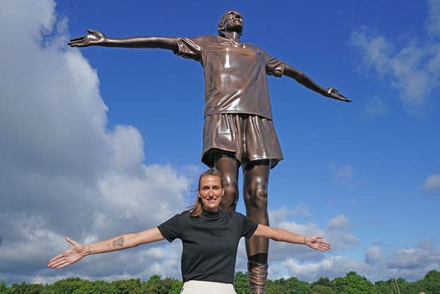 Former England footballer Jill Scott is unveiled as the new captain for Sky’s hit show A League Of Their Own, at the Angel of the North statue in Gateshead 