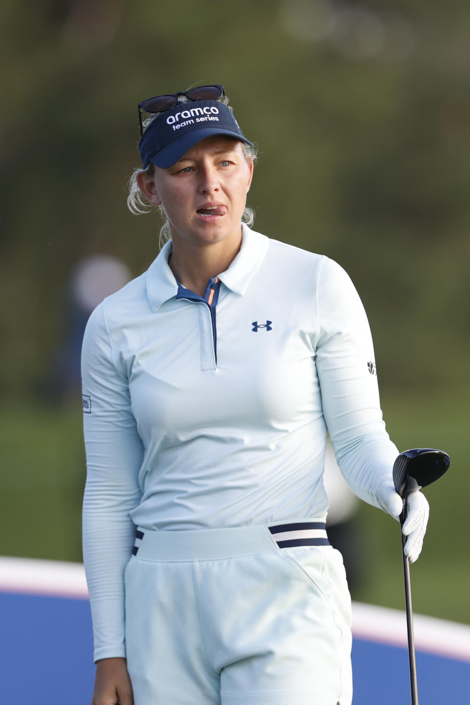 Emily Kristine Pedersen watches her tee shot on the 18th hole during the first round of an LPGA golf tournament Thursday, Nov. 9, 2023, in Belleair, Fla. (AP Photo/Scott Audette)