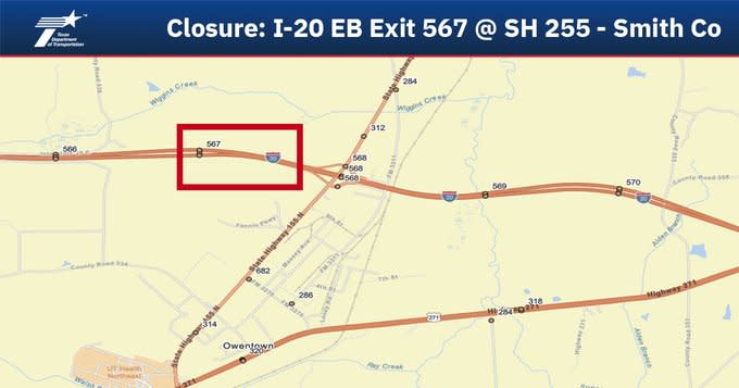 Map of the closed exit, courtesy of TxDOT Tyler