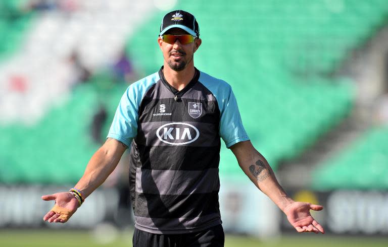 Kevin Pietersen is seen warming up before a T20 match at The Oval in London, in June 2014