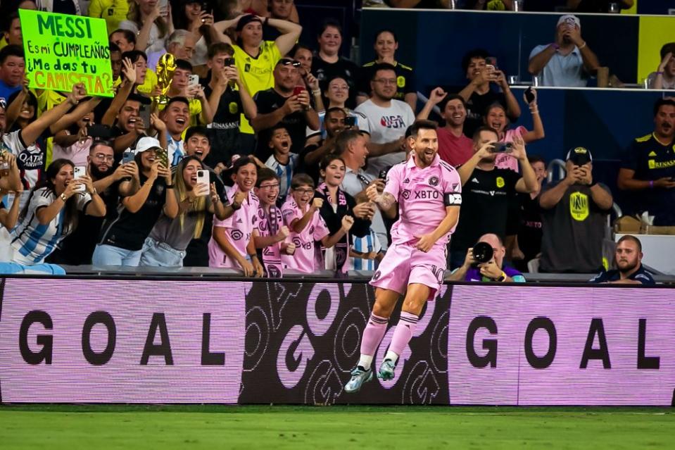 Messi leaps in celebration after scoring the opening goal during the Leagues Cup Final between <a class="link " href="https://sports.yahoo.com/soccer/teams/nashville-sc/" data-i13n="sec:content-canvas;subsec:anchor_text;elm:context_link" data-ylk="slk:Nashville SC;sec:content-canvas;subsec:anchor_text;elm:context_link;itc:0">Nashville SC</a> and Inter Miami CF on Saturday, Aug. 19.<span class="copyright">Nick Tre. Smith—Icon Sportswire/Getty Images</span>