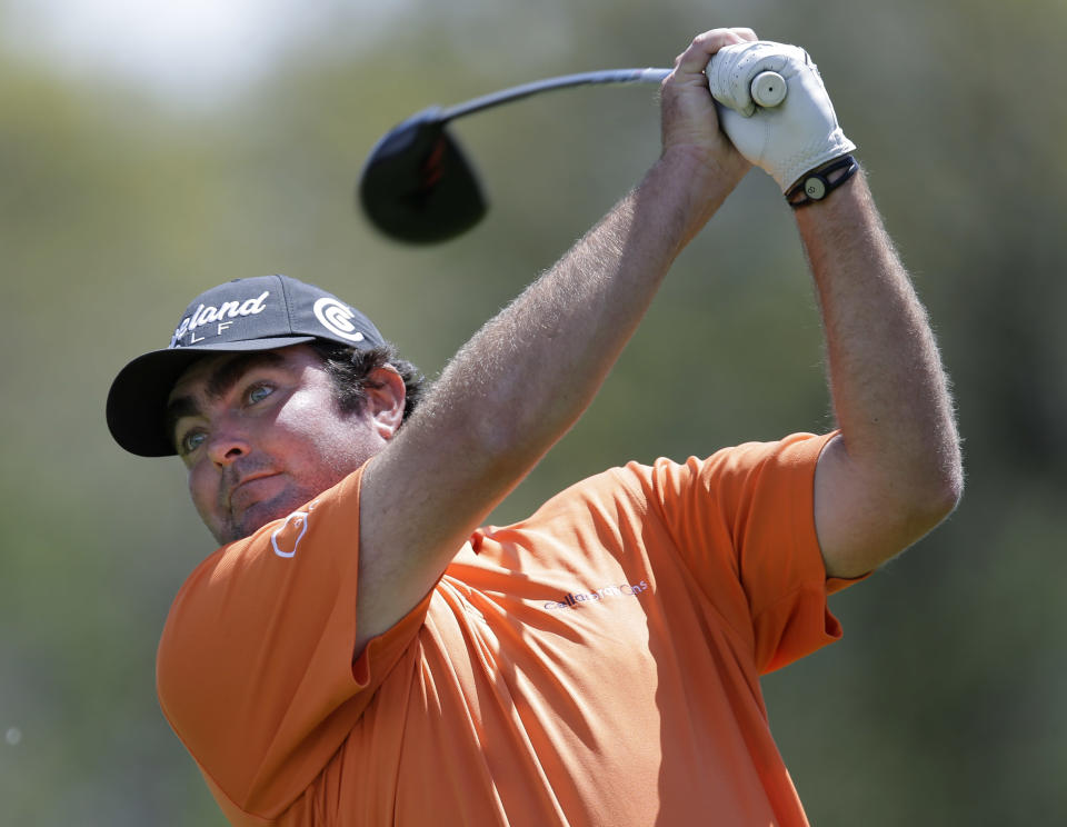 CORRECTS SPELLING OF LAST NAME TO BOWDITCH, INSTEAD OF BOWDICH - Steven Bowditch, of Australia, watches hits his tee shot on the ninth hole during the third round of the Texas Open golf tournament on Saturday, March 29, 2014, in San Antonio. (AP Photo/Eric Gay)