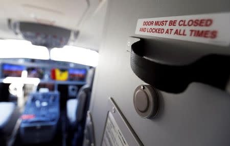 The door of a Bombardier CSeries aircraft's cockpit is seen during a news conference in Colomiers near Toulouse, France, October 17, 2017. REUTERS/Regis Duvignau