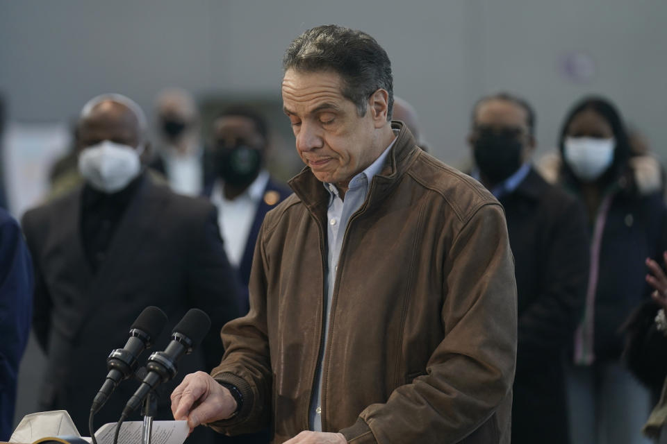 New York Gov. Andrew Cuomo speaks at a vaccination site on Monday, March 8, 2021, in New York. A lawyer for Gov. Andrew Cuomo said Thursday that she reported a groping allegation made against him to local police after the woman involved declined to press charges herself. (AP Photo/Seth Wenig, Pool)