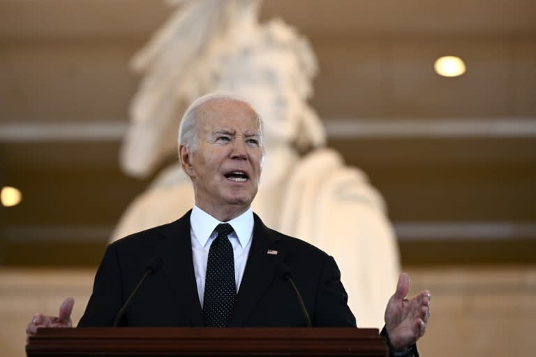 US President Joe Biden speaks at the annual Days of Remembrance ceremony for Holocaust survivors at the US Capitol in Washington, DC, on May 7, 2024. (Brendan SMIALOWSKI)
