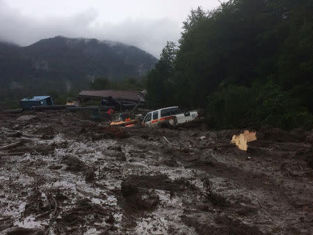 Damage done by a landslide is seen in Villa Santa Lucia, Los Lagos, Chile December 16, 2017 in this picture obtained from social media. CRISTIAN ZUMELZU BARROS/via REUTERS