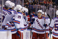 New York Rangers center Ryan Strome (16) celebrates his first-period goal against the Florida Panthers during an NHL hockey game, Saturday, Nov. 16, 2019, in Sunrise, Fla. (AP Photo/Joe Skipper)