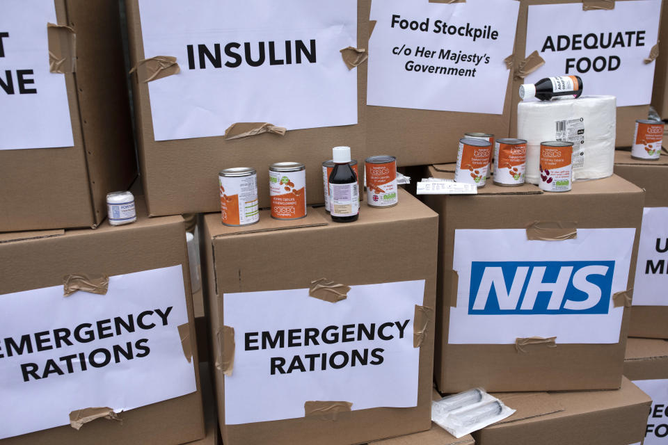 A protest by anti-Brexit activists highlighting the government’s no-deal plans to stockpile food and medicines (Getty)