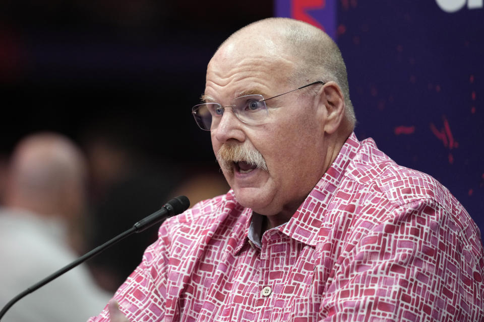 Kansas City Chiefs coach Andy Reid participates in the NFL football Super Bowl 58 opening night, Monday, Feb. 5, 2024, in Las Vegas. The San Francisco 49ers face the Kansas City Chiefs in Super Bowl 58 on Sunday. (AP Photo/Godofredo A. Vásquez)