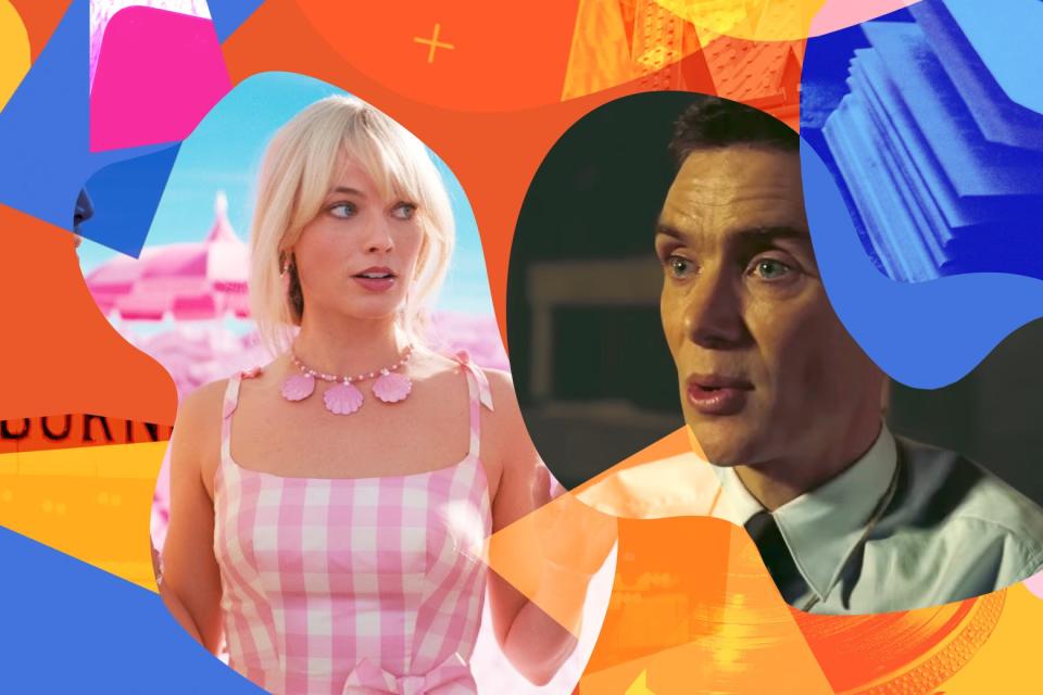 A photo still of Margot Robbie in Barbie and Cillian Murphy in Oppenheimer collaged together with colorful shapes.