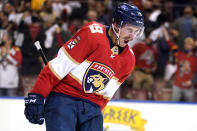 Florida Panthers left wing Mason Marchment reacts after scoring a goal during the second period in Game 2 of an NHL hockey Stanley Cup first-round playoff series against the Tampa Bay Lightning, Tuesday, May 18, 2021, in Sunrise, Fla. (AP Photo/Lynne Sladky)